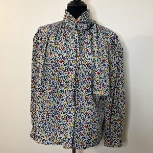 Tie-Neck Floral Print Blouse in White with Multicolor Accents